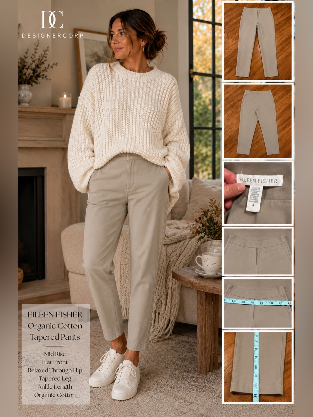 Eileen Fisher Organic Cotton Tapered Chino Pants  Mid-Rise Flat Front Size 4